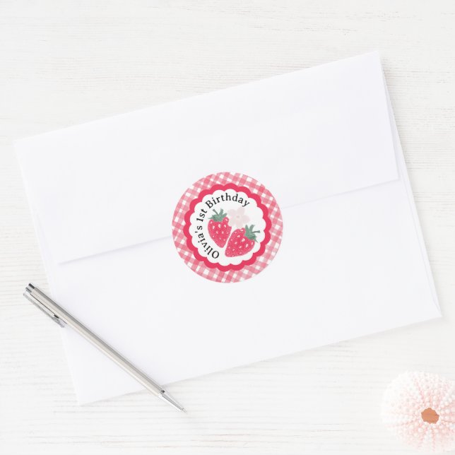 Strawberry 1st Birthday Red Watercolor Kariert Gef Runder Aufkleber (Umschlag)