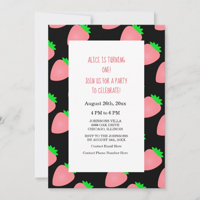 Strawberry 1st Summer Birthday Baby Girl Einladung (Vorderseite)