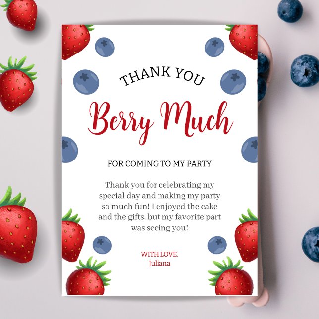 Strawberry and Blueberry Girl Birthday Party Dankeskarte (Von Creator hochgeladen)