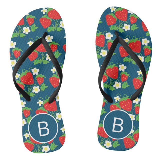 Strawberry and Flower Blue Pattern Monogrammed Flip Flops (Fußbett)