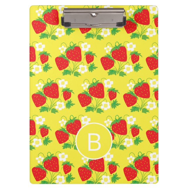 Strawberry and Flower Yellow Pattern Monogrammed Klemmbrett (Vorderseite)