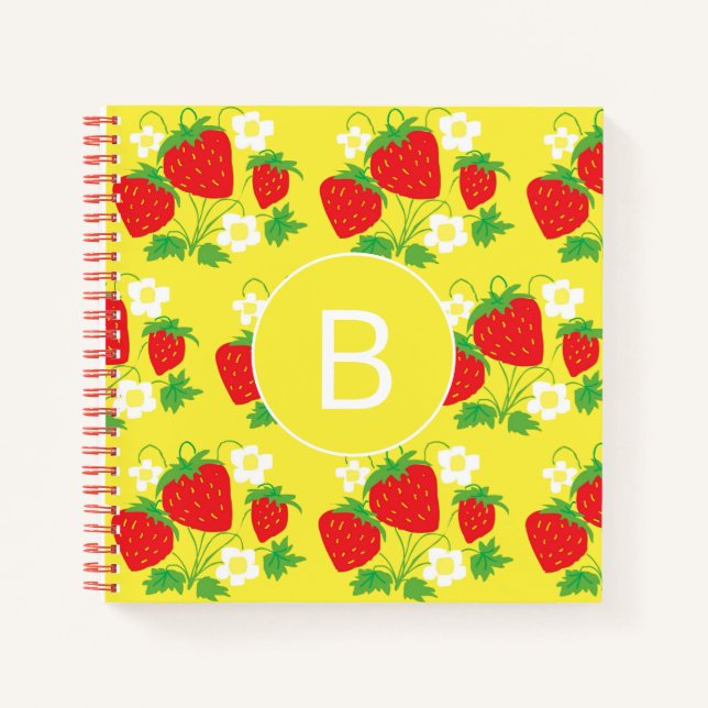 Strawberry and Flower Yellow Pattern Monogrammed Notizbuch (Vorderseite)
