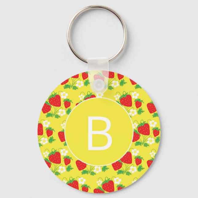 Strawberry and Flower Yellow Pattern Monogrammed Schlüsselanhänger (Vorderseite)