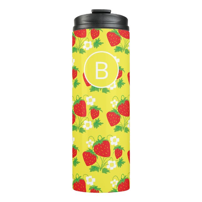 Strawberry and Flower Yellow Pattern Monogrammed Thermosbecher (Vorderseite)