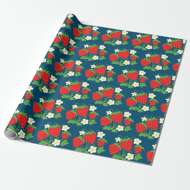 Strawberry and Flowers Pattern Blue Geschenkpapier (Ungerollt)