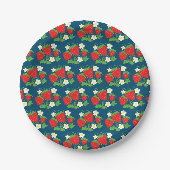 Strawberry and Flowers Pattern Blue Pappteller (Vorderseite)