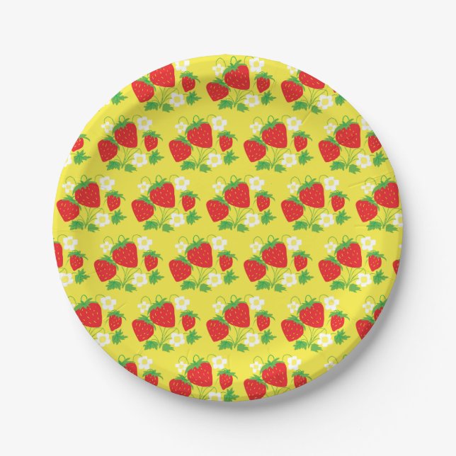 Strawberry and Flowers Pattern Yellow Pappteller (Vorderseite)