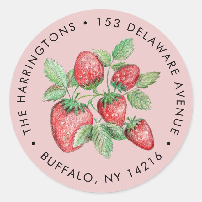 Strawberry Art Pink Botanical Return Address Runder Aufkleber (Vorderseite)