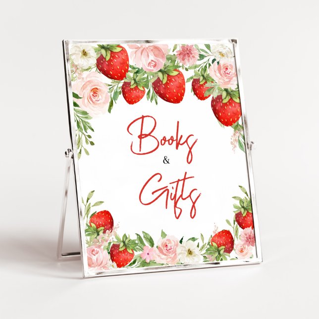 Strawberry Baby Duschbücher und Geschenke Poster (Pink Floral Strawberry Baby Shower Books and Gifts Sign)