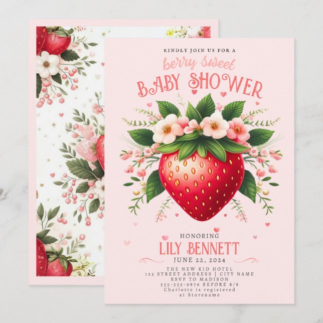 Strawberry Baby Dusche | Berry Sweet Einladung (Vorne/Hinten)