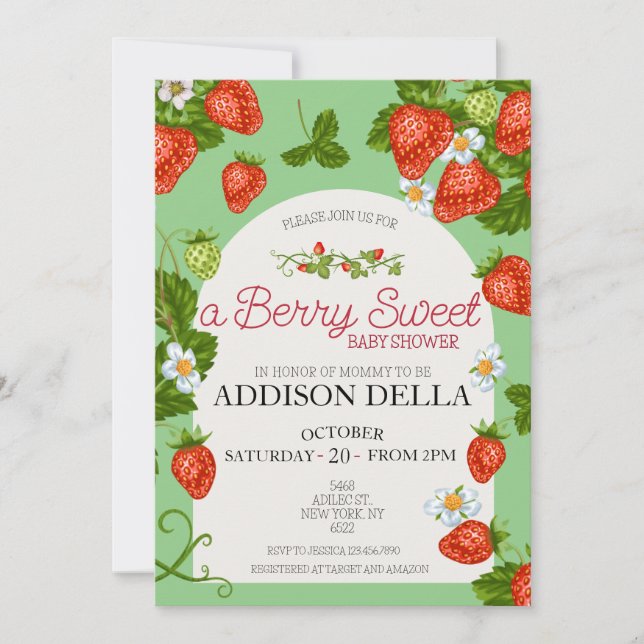Strawberry Baby Dusche | Berry Sweet Einladung (Vorderseite)