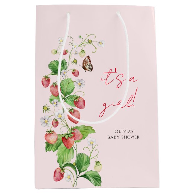 Strawberry Baby Dusche Es ist ein Mädchen Mittlere Geschenktüte (Vorderseite)