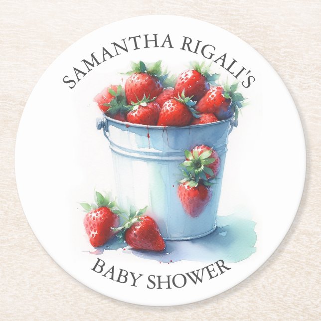 Strawberry Baby Dusche Keepake Runder Pappuntersetzer (Vorderseite)