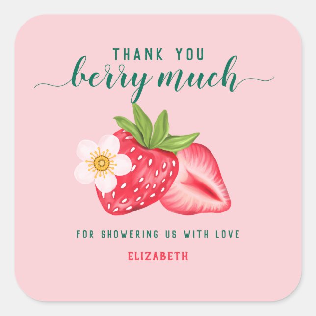 Strawberry Baby Dusche Vielen Dank Berry Much Cust Quadratischer Aufkleber (Vorderseite)