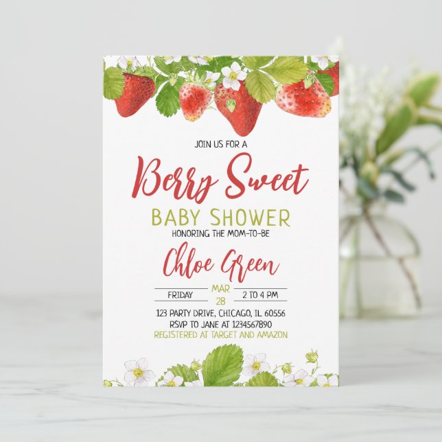 Strawberry Baby Shower Einladung (Stehend Vorderseite)