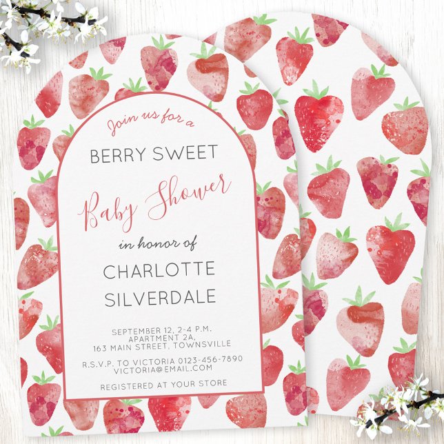 Strawberry Baby Shower Einladung (Strawbery watercolor Berry Sweet arch shaped personalized baby shower invitation )