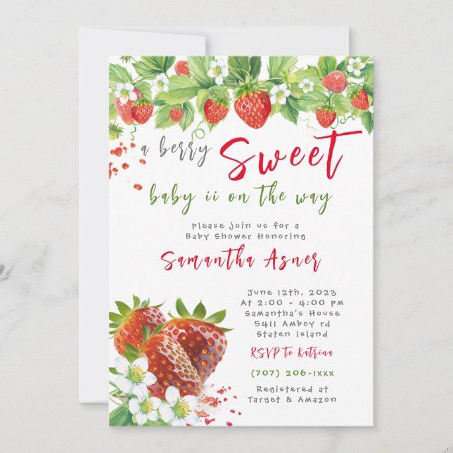 Strawberry Baby Shower Girl Einladung (Vorderseite)