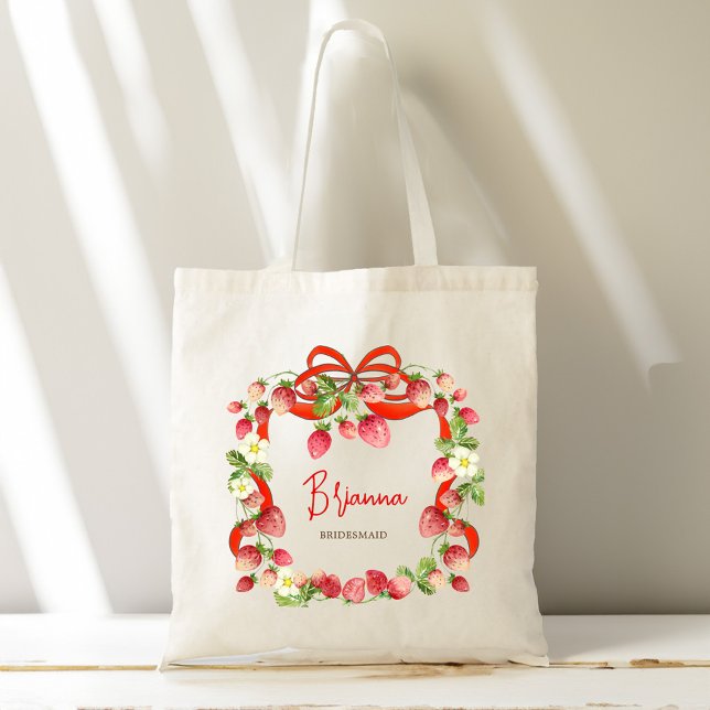 Strawberry Band Coquette Custom Bridesmaid Geschen Tragetasche (Strawberry ribbon coquette bow personalized bridesmaid gifts monogrammed tote bag)