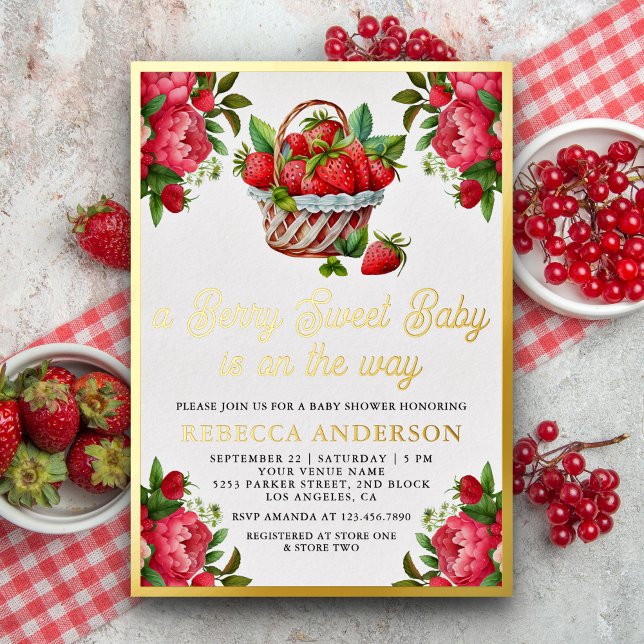 Strawberry Basket Berry Sweet Baby Dusche Gold Folieneinladung (Von Creator hochgeladen)