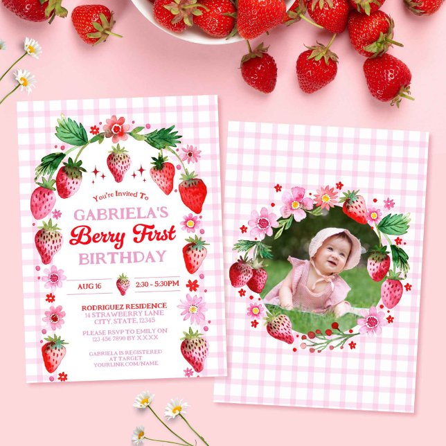 Strawberry Berry 1. Geburtstag Foto Einladung (Strawberry Berry 1st Birthday Watercolor Photo Invitation)