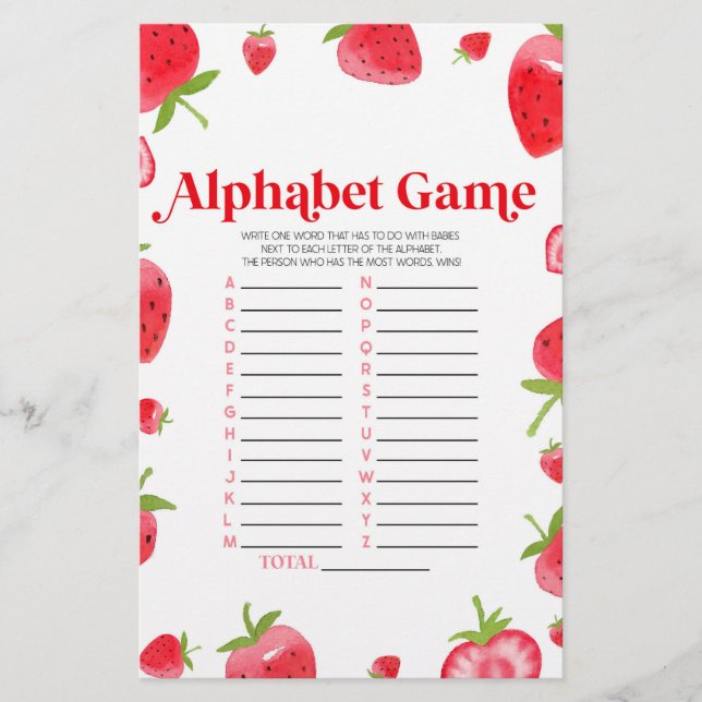 Strawberry Berry Alphabet Babydusche Spiel Briefpapier (Vorderseite)