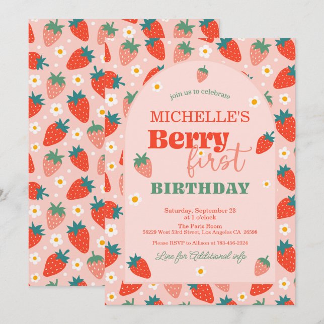 Strawberry Berry Einladung zum 1. Geburtstag (Vorne/Hinten)