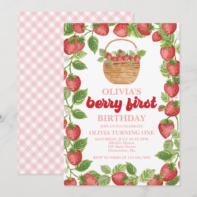 Strawberry Berry Erster Geburtstag Einladung (Vorne/Hinten)