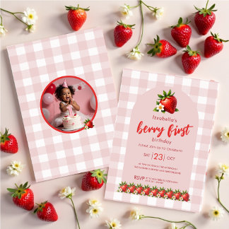Strawberry Berry Erster Geburtstag Foto Geburtstag Einladung