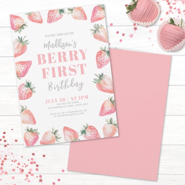 Strawberry Berry Erster Geburtstag Party Einladung (Strawberry Berry Sweet Baby Shower Invitation)