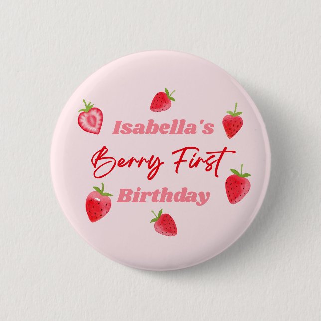 Strawberry Berry Erster Geburtstag Rot und Rosa Button (Vorderseite)