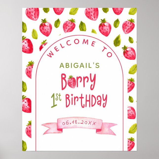 Strawberry Berry Erster Geburtstag Willkommen Poster (Vorne)