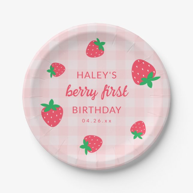 Strawberry Berry Erster Niedlicher Baby Pink Gebur Pappteller (Vorderseite)