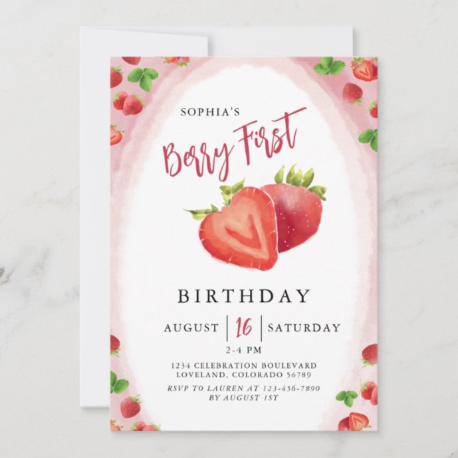 Strawberry Berry Erstgeburt Girl Einladung (Vorderseite)