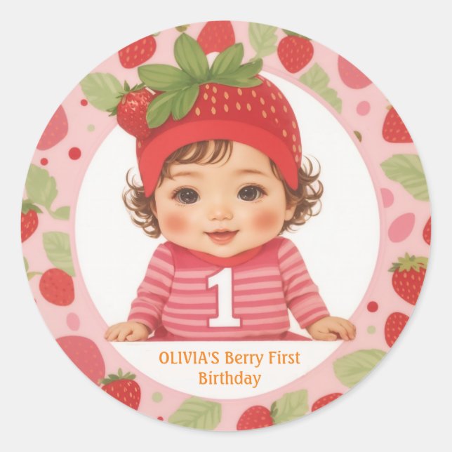 Strawberry Berry First Birthday Classic Round Stic Runder Aufkleber (Vorderseite)