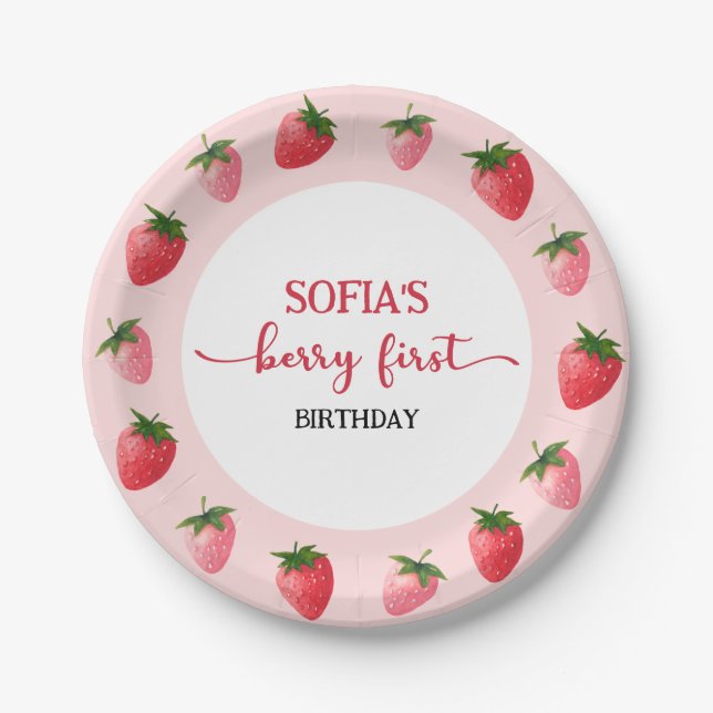 Strawberry Berry First Birthday Pappteller (Vorderseite)