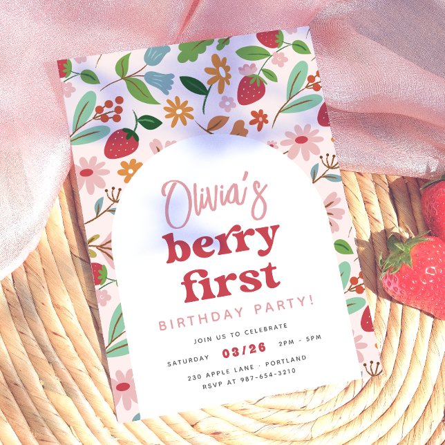 Strawberry Berry First Birthday Party Einladung (Card Front Mock-up)