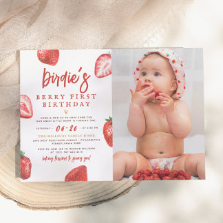 Strawberry Berry First Birthday Party Girl Foto Einladung