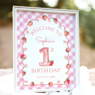 Strawberry Berry First Birthday Wavy Sweet Willkom Poster