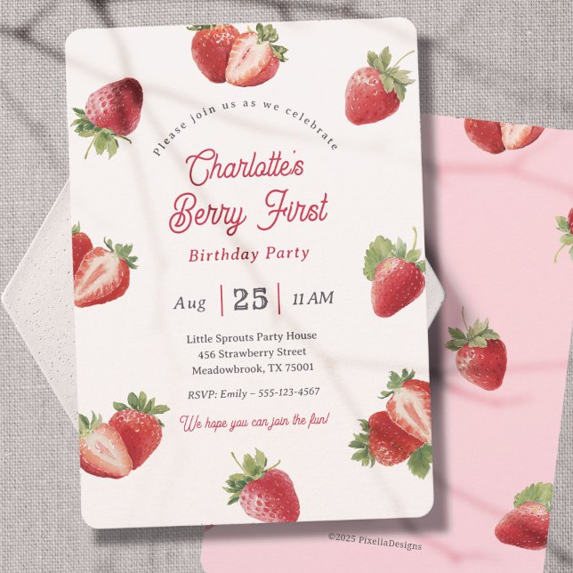 Strawberry Berry First Girl 1st Birthday Einladung (Modern Berry First-Strawberry Themed Girl 1st Birthday invitation for Spring Birthday party.)