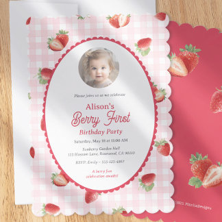 Strawberry-Berry First Girl 1st Birthday Photo Einladung