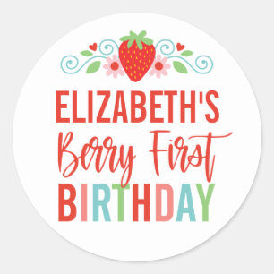 Strawberry Berry First Girl Birthday Runder Aufkleber