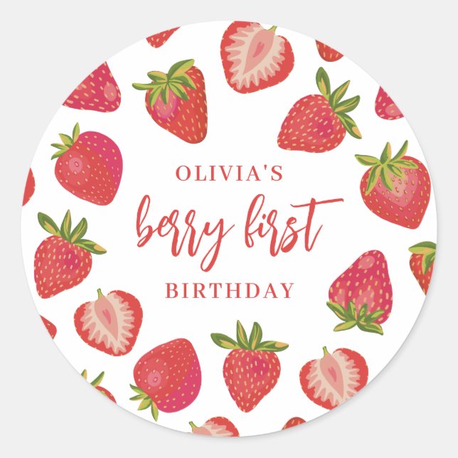 Strawberry Berry First Girls Personalisiert Geburt Runder Aufkleber (Vorderseite)