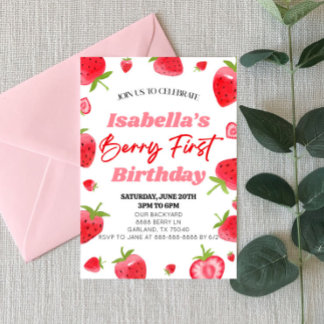 Strawberry Berry First Pink Red 1st Birthday Party Einladung