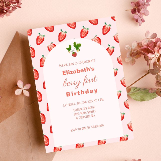 Strawberry Berry First Pink zum Geburtstag Einladu Einladung (Invitation)