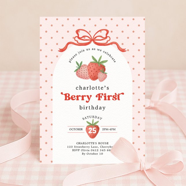 Strawberry Berry First Red Bow 1st Birthday Einladung (Von Creator hochgeladen)