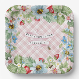 Strawberry Berry Pink Gingham Baby to Bee Dusche Pappteller