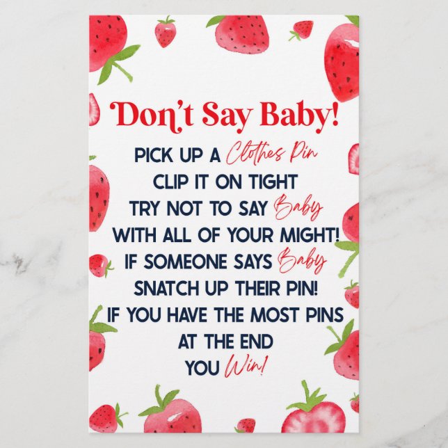 Strawberry Berry Say Baby Shower Game nicht Briefpapier (Vorderseite)