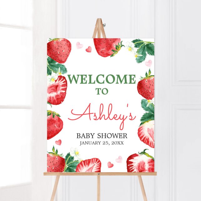 Strawberry Berry Sweet Baby Dusche Willkommen Poster (A Berry Sweet Strawberry Baby Shower Welcome Sign)