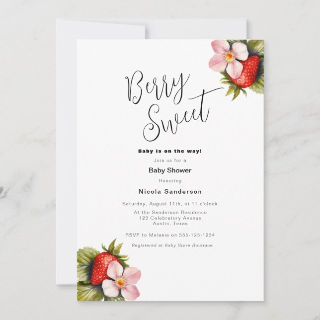 Strawberry Berry Sweet Baby Shower Einladung (Vorderseite)