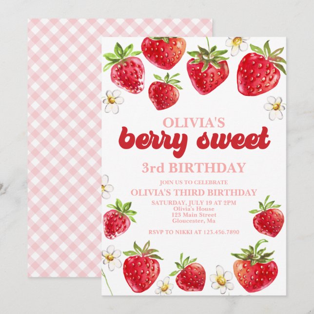 Strawberry Berry Sweet Birthday Einladung (Vorne/Hinten)